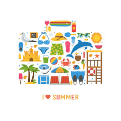 Love summer concept with beach icons stylized in travel suitcase. Sea vacation or summer holidays background with sunbathing accessories and water sports and activity icons.