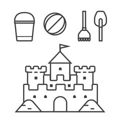 Beach toys and sand castle vector illustration. Child pail, shovel, ball and rake thin line icons. Children summer games and activities appliances in outline design. Sandcastle linear pictogram.