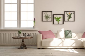 White modern room with sofa. Scandinavian interior design. 3D illustration