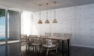 3D rendering interior design of minimal dining room and concrete wall and sea view