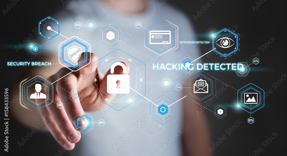 Wall mural businessman using antivirus to block a cyber attack 3d rendering
