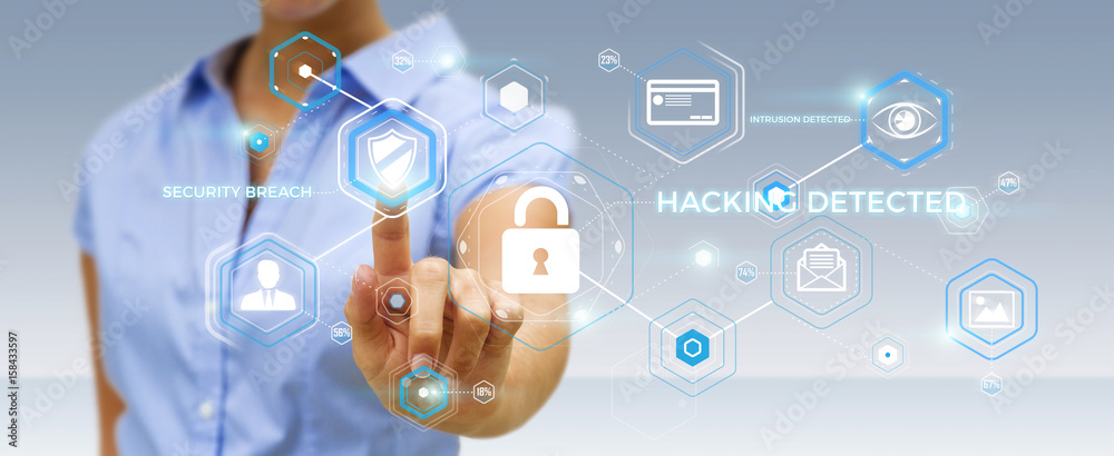 Poster businesswoman using antivirus to block a cyber attack 3d rendering