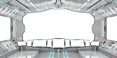 Spaceship interior with view on white windows 3D rendering
