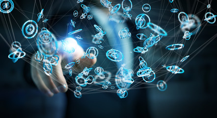 Businessman using flying network connection interface 3D rendering