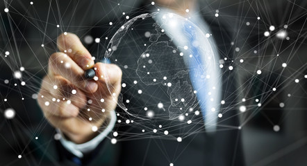 Businessman using flying earth network interface 3D rendering