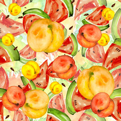 Seamless watercolor pattern of a set of fruits - watermelon, slices, peach, plum, apricot. Vintage drawing, hand made. Red, yellow and orange in a trendy pattern