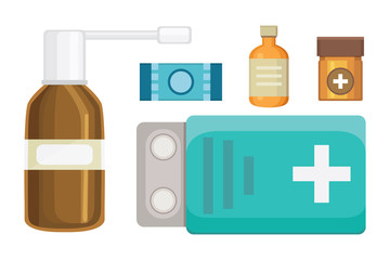 Cartoon medicaments. Different medical pills and bottles, healthcare and shopping, pharmacy, drug store. Vector illustration in flat style