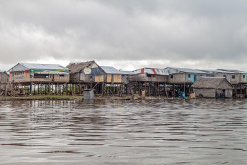 IQUITOS, PERU - JULY 18, 2015: View of floating shantytown in Belen neigbohood of Iquitos, Peru.