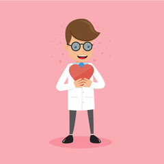 Doctor Holding Red Heart in Hand. Healthcare Concept Vector Illustration Flat Style.