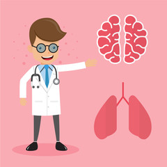 Doctor with Stethoscope Presentation Brain and Lungs. Healthcare Concept Vector Illustration Flat Style.