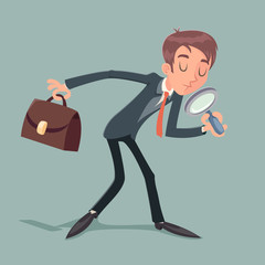 Businessman Character with Magnifying Glass and Briefcase Search Quest Possibility Development Icon on Stylish Background Retro Cartoon Design Vector Illustration