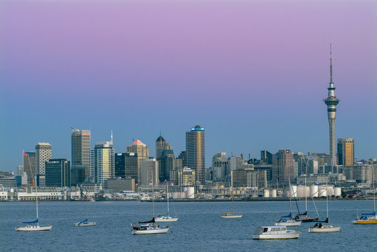 Auckland CBD Skyline, Seascape And Boats On Front