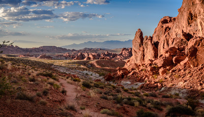 Hiking Trail through Desert at Sunset. Nevada, Valley Of Fire