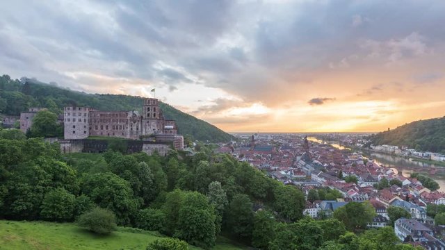 Panoramic aerial time lapse video of sunset over Heidelberg, Germany
