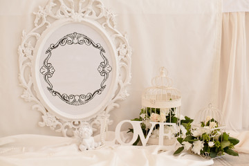 Wedding ceremony decoration in the restaurant. Decoration of wedding table with tender white textile