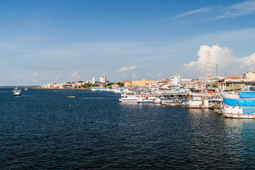 SANTAREM, BRAZIL - JULY 29, 2015: River boats anchored in Santarem, Brazil