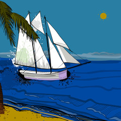 illustration of front view of sea, Sailboat and beach with sand, palms, sun. Graphic postcard in flat lay style. Boat on the water for summer holiday.