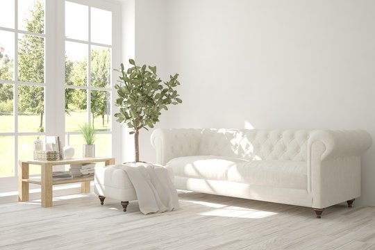 White room with sofa and green landscape in window. Scandinavian interior design. 3D illustration