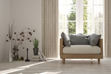 White room with armchair and green landscape in window. Scandinavian interior design. 3D illustration