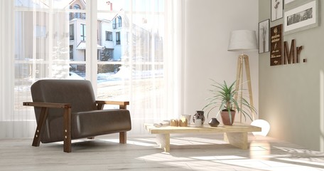 Fototapeta premium White modern room with armchair. Scandinavian interior design. 3D illustration