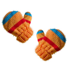 Two kids knit winter mittens isolated on white background