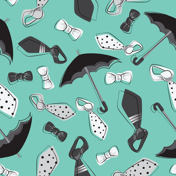 Ties, bow ties and umbrellas. Turquoise background. Father's day. Seamless pattern. Design for textile, wrapping paper.