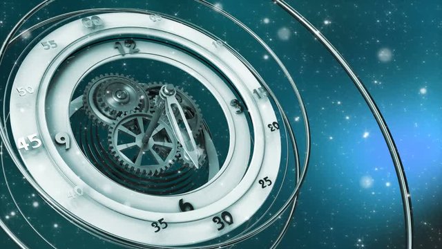 3d animation of abstract blue background with clock and sparkling particles