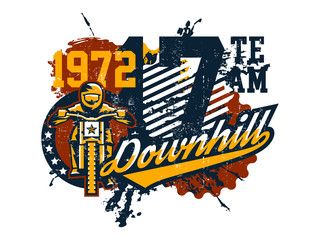 Vector illustration on the theme of mountain bike, cyclist performing a trick on a bicycle, downhill, freeride. Grunge effect, text, inscription. Typography, T-shirt graphics, print, banner, poster