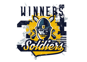 Vector illustration on the theme of the knight, warrior against the backdrop of two swords on the cross. The hero of the castle, a barbarian. Grunge effect, typography, T-shirt graphics, print