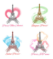Eiffel tower signs vector illustration. Paris towers isolated on white background with text bonjour and salute and watercolor heart © vectortatu