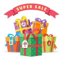 Sale present boxes vector illustration. Big pile of presents isolated on white background. Gifts in fall paper with special discount offer tokens