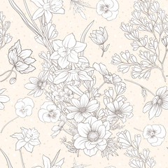 Seamless pattern with poppy flowers, daffodils, anemones, violet
