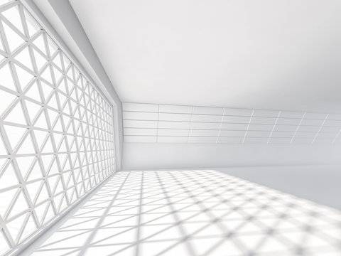 Abstract Modern Architecture Background, Empty White Open Space Interior With Windows And Concrete Walls. 3D Rendering