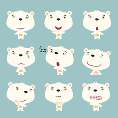 Set funny polar bear in different poses. Collection isolated polar bear in cartoon style for design children holiday and goods.