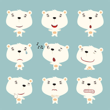 Set funny polar bear in different poses. Collection isolated polar bear in cartoon style for design children holiday and goods.