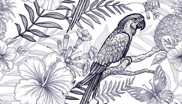 Flowers and birds seamless pattern. Hand drawing. Black and white. Palm branches, pineapples, hibiscus, butterflies, parrots. Vector art illustration. Template for fabrics, paper, summer textiles.