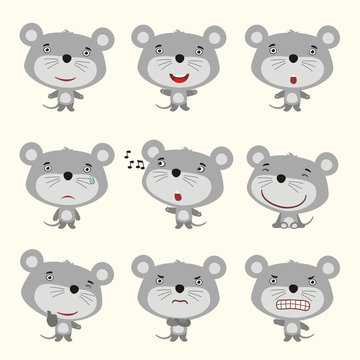 Set funny mouse in different poses. Collection isolated mouse in cartoon style for design children holiday and goods.