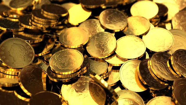 3d animation of camera panning over golden dollars treasure background