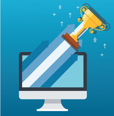 Trophy on arrow icon out of computer, start up business concept illustration 