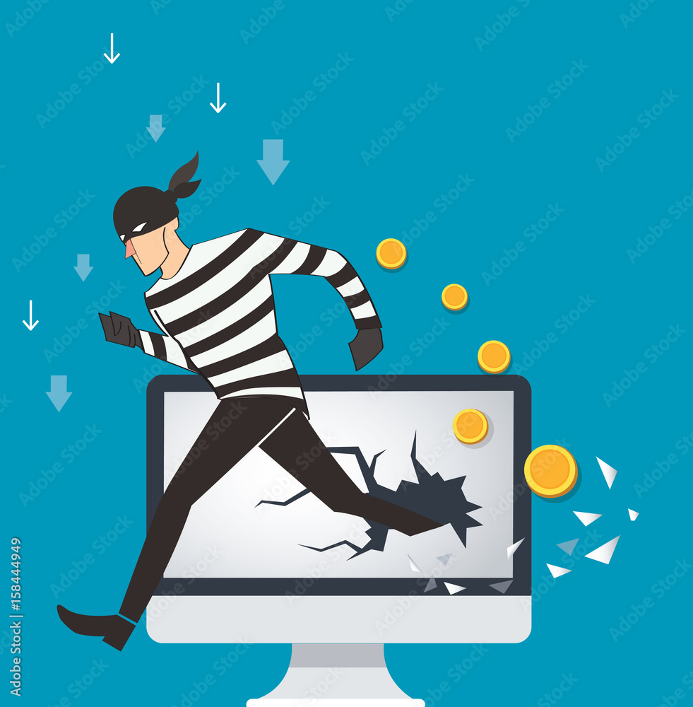 Poster business concept illustration of a hacker binary data and network security terms
