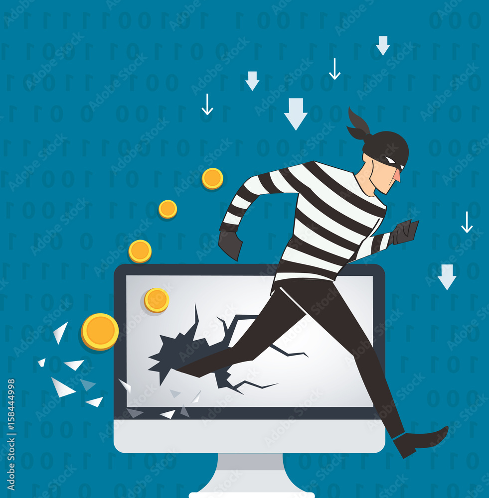 Poster business concept illustration of a hacker binary data and network security terms