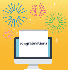 congratulations pop up on screen computer and yellow background, successful business concept illustration