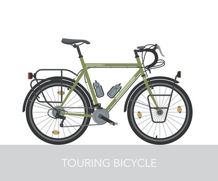 Configuration of city, touring or trekking bicycle. Bike for long distance travel around the world. Steel frame and heavy equipped bicycle. Ecology transport. Detailed vector illustration.