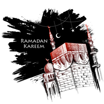 Ramadan Kareem Generous Ramadan greetings for Islam religious festival Eid with freehand sketch Mecca building