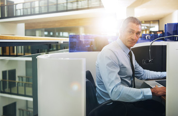 Confident businessman looking at camera while browsing laptop