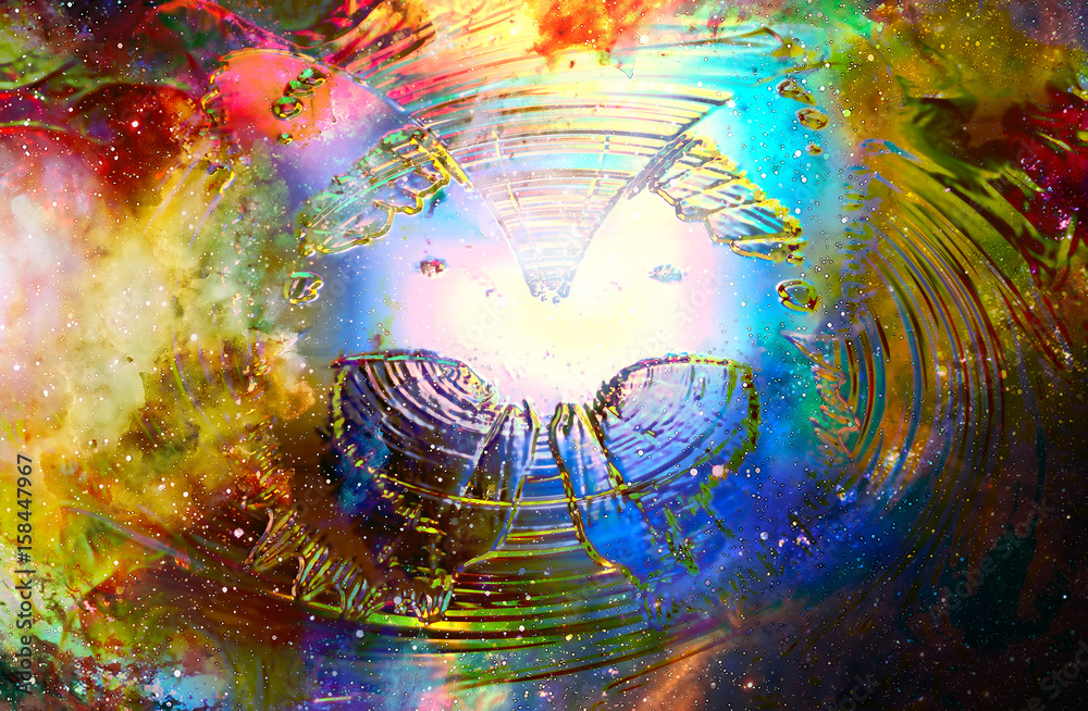 Poster Color Butterfly in color swirl. Glass effect. Color cosmic abstract background.