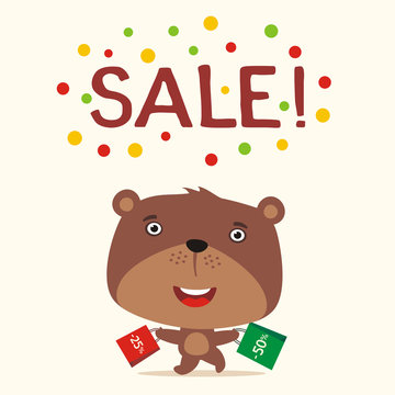 Poster seasonal sale. Funny teddy bear runs with packs for sale. Banner for sale of products for children with funny teddy bear in cartoon style.
