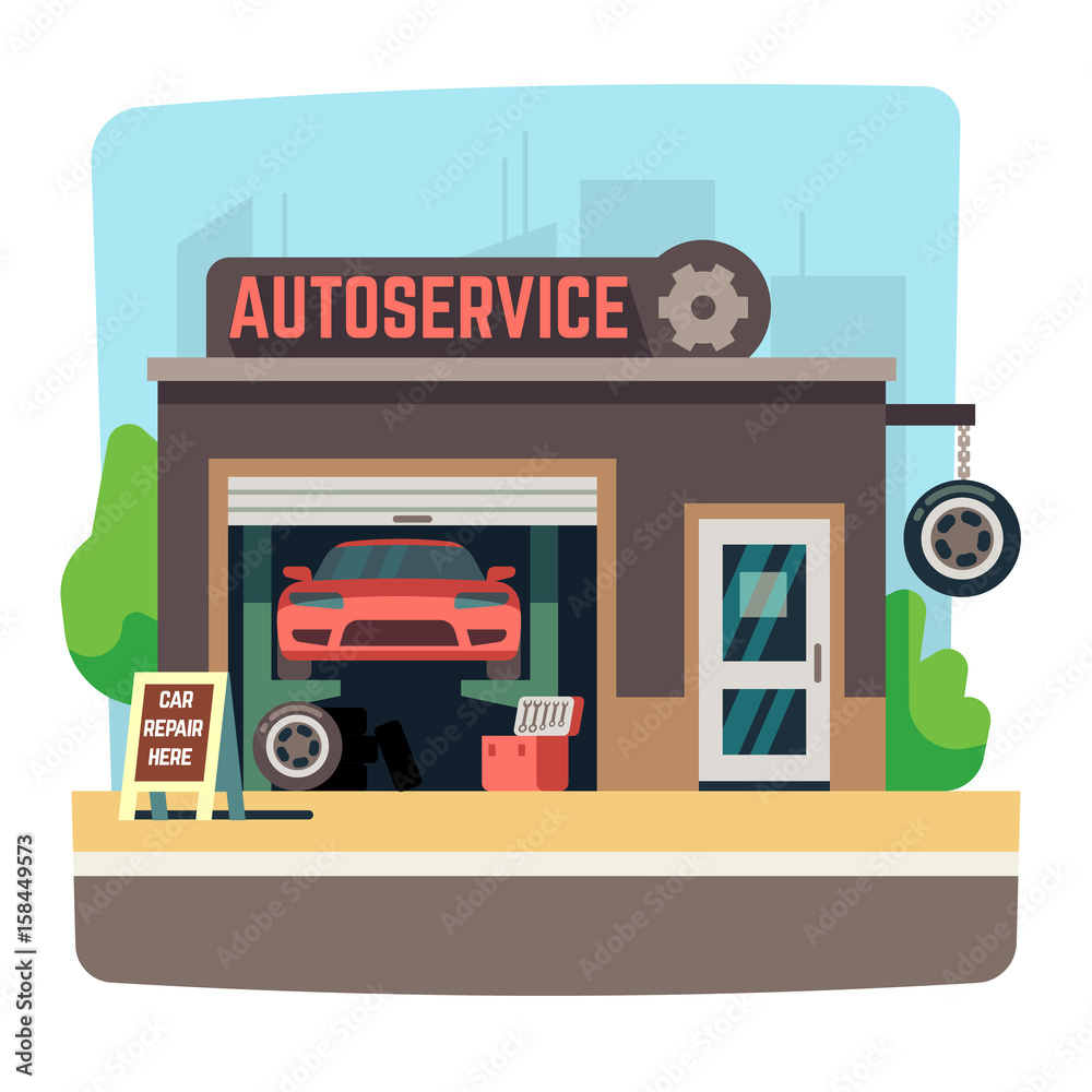 Poster Car repair mechanic shop with automobile inside auto garage vector illustration