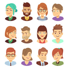 Happy vector characters. Young man and woman smiling faces avatar collection