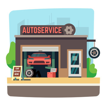 Car repair mechanic shop with automobile inside auto garage vector illustration